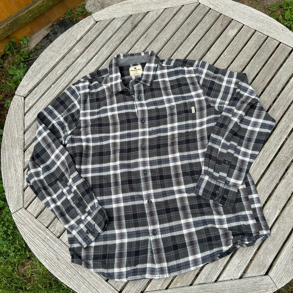 Woolrich Button Up Grey Plaid Flannel Long‎ Sleeve Pocket Shirt Mens XL